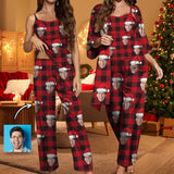 Custom Face Buffalo Check Satin Women's Three-Piece Pocket Cami Pajama Robe Set