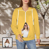 Custom Face Yellow Women's Lapel Half Zip Pullover Drawstring Sweatshirts Fashion Outfits