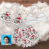 Custom Face Christmas Elk Flannel Pajama Set Women's Short Sleepwear Halter Triangle Bra & Shorts