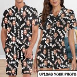 Couple Matching Short Sleeve Onesies Pajamas Custom Face Love Women's V-Neck Button Jumpsuit Men's Rompers