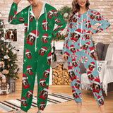 Custom Face Unisex Adult Hooded Onesie Jumpsuits with Pocket Christmas Hat Personalized Zip One-piece Pajamas