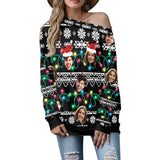 Custom Face Ugly Christmas Sweater Women's Off Shoulder Sweater and Men's Round Neck Sweater