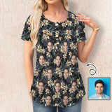 Custom Face Lily Flowers Women's T-Shirts Tunic Button Tops Casual Blouses Summer Short Sleeve Pleated Shirts