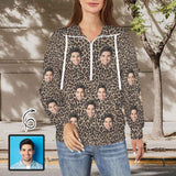 Custom Face Leopard Women's Lapel Half Zip Pullover Drawstring Sweatshirts Fashion Outfits