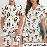 Couple Matching Short Sleeve Onesies Pajamas Custom Face White Women's V-Neck Button Jumpsuit Men's Rompers