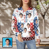 Custom Face USA Flag Women's Lapel Half Zip Pullover Drawstring Sweatshirts Fashion Outfits