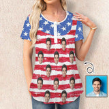 Custom Face American Flag Women's T-Shirts Tunic Button Tops Casual Blouses Summer Short Sleeve Pleated Shirts