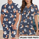 Couple Matching Short Sleeve Onesies Pajamas Custom Face Cloud Women's V-Neck Button Jumpsuit Men's Rompers