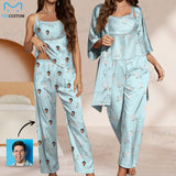 Custom Green Satin Women's Three-Piece Pocket Cami Pajama Robe Set for Weddings Parties Outings and Home(For non-customized models, please feel free to upload pictures)