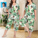 Custom Face Palm Leaves Women's Loungewear Set Short Sleeve Shirt and Capri Pants Sleepwear Pajama Set