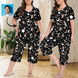 Custom Face Black Starry Sky Women's Loungewear Set Short Sleeve Shirt and Capri Pants Sleepwear Pajama Set