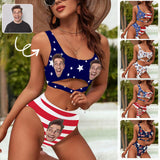 Custom Face US Flag Women's High Waisted Bikini Sets Personalized High Cut Swimsuits Sporty Cut Out Swimsuits Bathing Suits