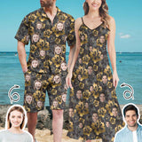 Couple Hawaiian Dress Set Custom Face Black&Golden Men's Hawaiian Shirt Set Women's V-Neck Cami Maxi Dress For Summer Beach Holiday