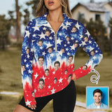 Personalized Women's Long Sleeve T-Shirt Custom Face American Flag Lapel Half Zip Top Casual Loose Fit Blouses