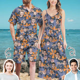 Couple Hawaiian Dress Set Custom Face Leaves Men's Hawaiian Shirt Set Women's V-Neck Cami Maxi Dress For Summer Beach Holiday