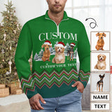 Custom Pet Photo Green Long Sleeve Men's Sweater Polos for Christmas