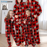 Custom Face Grid Red Family Hooded Onesie Jumpsuits with Pocket Personalized Zip One-piece Pajamas for Adult kids