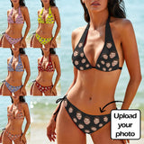 Custom Face Solid Color Deep V Neck Bikini Set Halter Tie Side Low Waisted Triangle Bikini Personalized Bathing Suit