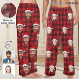 Coral Fleece Pajama Trousers-Custom Face Red Plaid Warm and Comfortable Sleepwear Long Pajama Pants For Men Women