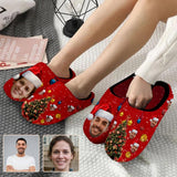 Couple Gift Red Custom Face Christmas Tree All Over Print Personalized Non-Slip Cotton Slippers For Girlfriend Boyfriend