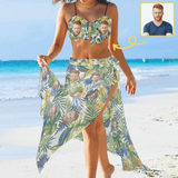 Custom Face Yellow&Green Bikini&Cover Up Set Women's Chest Bow Bikini Long Cover Up Skirt With Slit