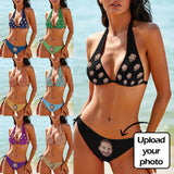 Custom Big Face Deep V Neck Bikini Set Halter Tie Side Low Waisted Triangle Bikini Personalized Bathing Suit