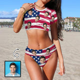 Custom Face American Flag Short Sleeve Crew Neck Bikini Personalized Women's Two Piece Swimsuit Beach Outfits