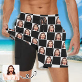 Custom Face Black and White Grid Men's Quick Dry 2 in 1 Surfing & Beach Shorts Male Gym Fitness Shorts