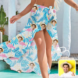 Custom Face Blue Leaves Women's Long Cover Up Skirt With Slit Swimsuit Beach Wrap