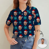 Custom Face Christmas Dark Blue Snowflakes Women's Polo Shirt