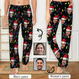 [More Comfortable]Custom Face Colored Light Bulbs Christmas Red Hat Sleepwear Personalized Women's&Men's Slumber Party Long Pajama Pants