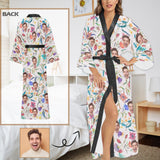 Custom Face Colorful Flower Women's Long Pajamas Personalized Photo Long Pajamas Kimono Robe