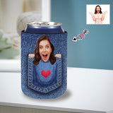 Custom Face Denim Blue Pocket Personalized Funny Face Can Cooler Neoprene Non Slip for Beer Cans and Bottles