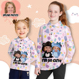 Custom Face Dinosaur Girls' Long Sleeve Polo Shirt