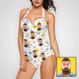 Custom Face Flower Print White Strap Personalized One-piece Retro Bikini Swimsuit Custom One Piece Bathing Suits