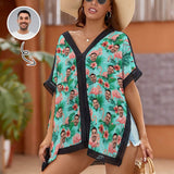 Custom Face Green Flowers Flamingo Women's Bikini Swimsuit Cover Up