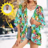 Custom Face Green Pineapple Flowers Personalized Women's Kimono Chiffon Cover Up