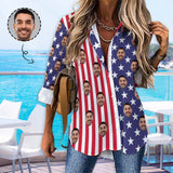 Custom Face Hawaiian Shirts US Flag Vertical Stripes Women's Casual Long Sleeve Cropped Hem Shirt