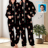 Custom Face Heart Black Unisex Adult Hooded Onesie Jumpsuits with Pocket Personalized Zip One-piece Pajamas for Men and Women