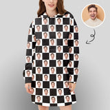 Custom Face Hoodies Dress Cool Hoodie Designs Black&White Plaid Women's Long Sleeve Loose Hooded Pullover Dress with Pocket