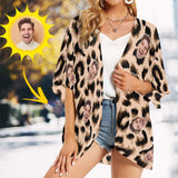 Custom Face Leopard Print Personalized Women's Kimono Chiffon Cover Up