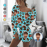 Custom Face Leopard Print Women's Long Sleeve One Side Off Shoulder Short Pajama Set