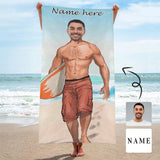 Custom Face & Name Comic Surfer Boy Beach Towel Quick-Dry, Sand-Free, Super Absorbent, Non-Fading, Beach&Bath Towel Beach Blanket Personalized Beach Towel Funny Selfie Gift