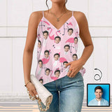 Custom Face Pink Flamingo Women's V-Neck Cami Tank Tops