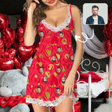 Custom Face Red Heart Women's Cami V-Neck Lace Suspenders Nightdress Valentine's Day Pajama Gifts for Her