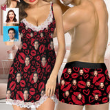 Custom Husband Face Big Red Lips Women Lace Sleepwear Back Closure V Neck Nightwear Sexy Chemise Nightie