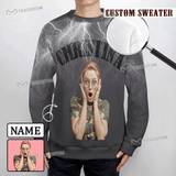 Custom Face&Name Funny Lightning Round Neck Sweater for Men Long Sleeve Lightweight Sweater Tops Personalized Ugly Sweater With Photo