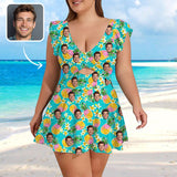 Custom Face Plants & Pineapples Women's Ruffle Sleeve Skirted Swimsuit