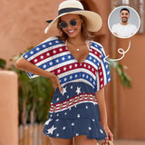 Custom Face USA Flag One Piece Cover Up Dress Personalized Women's Short Sleeve Beachwear Coverups