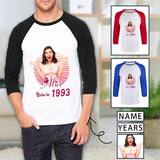 Custom Photo & Name & Years Three Quarter Sleeve T-Shirt Multiple Colors Men's Casual Basic Soft Sports Raglan Baseball Tee Shirts for Birthday